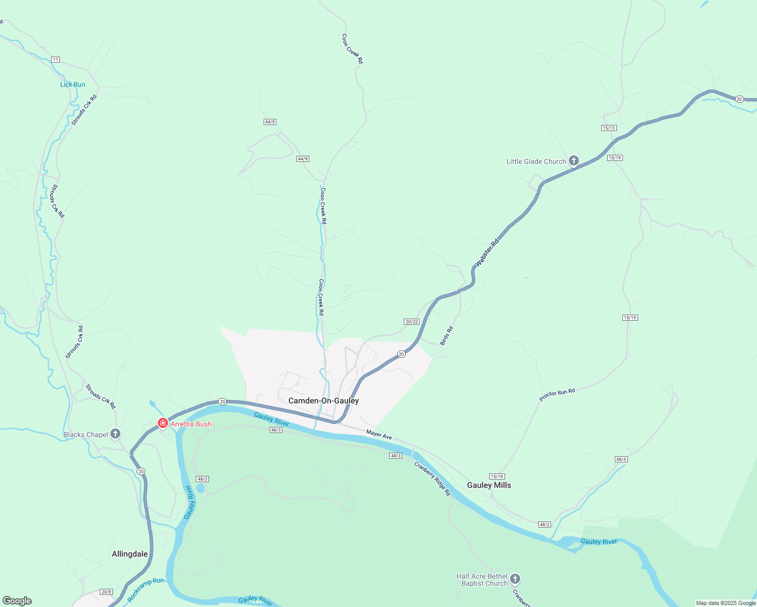 map of restaurants, bars, coffee shops, grocery stores, and more near 99 Moss Drive in Camden-on-Gauley