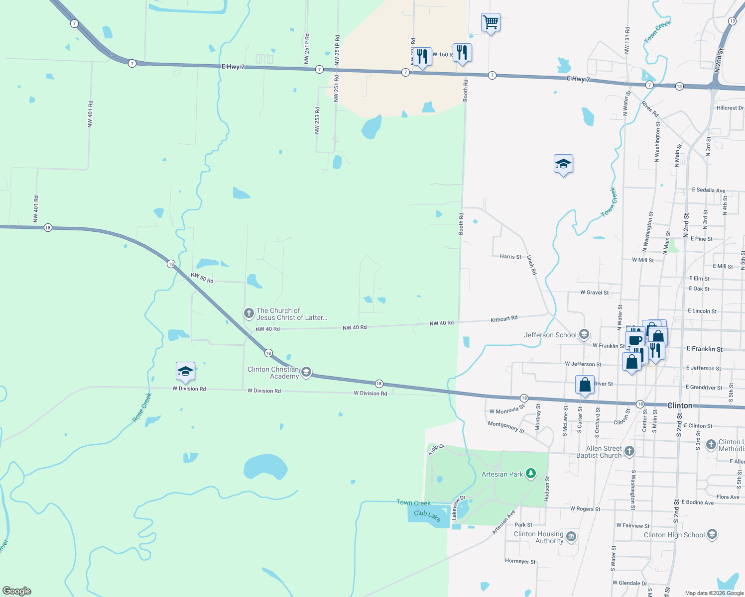 map of restaurants, bars, coffee shops, grocery stores, and more near Northwest 241 Road in Henry