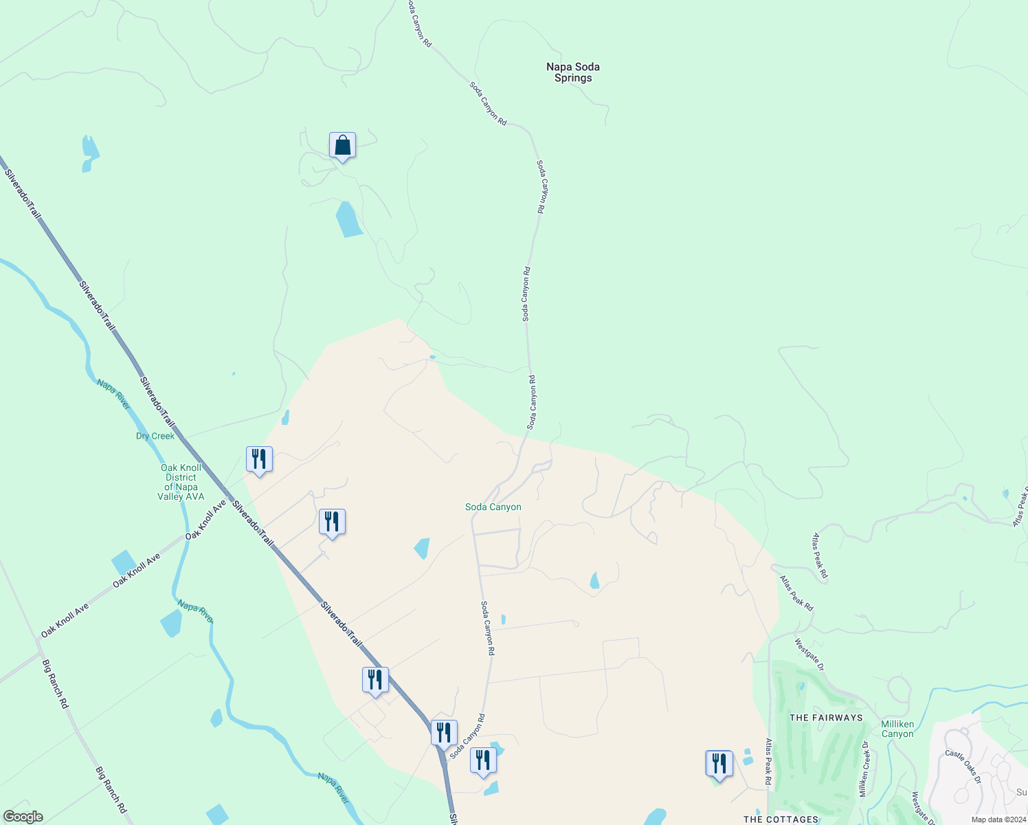 map of restaurants, bars, coffee shops, grocery stores, and more near 1405 Soda Canyon Road in Napa