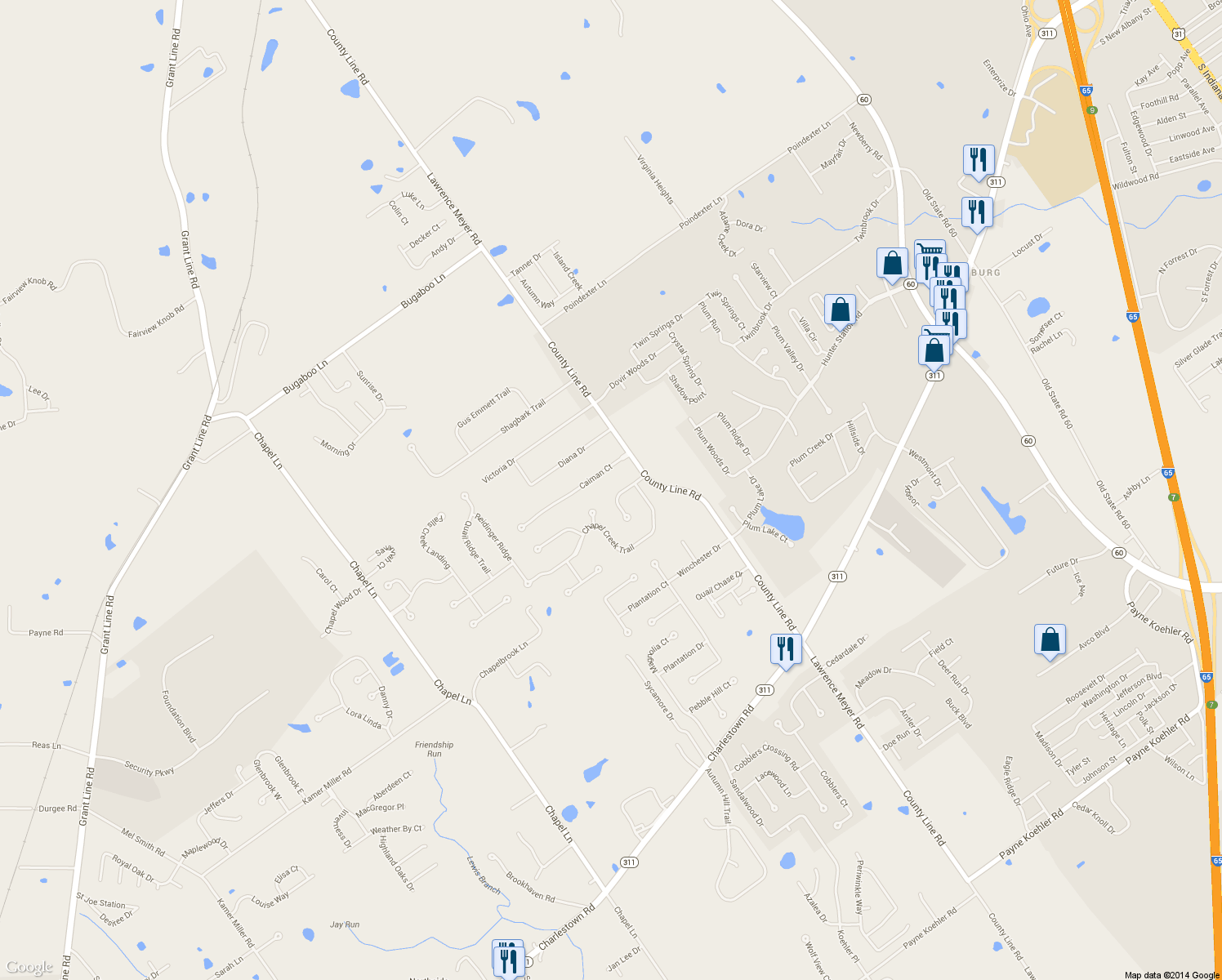 map of restaurants, bars, coffee shops, grocery stores, and more near 2104 Pleasantview Court in New Albany