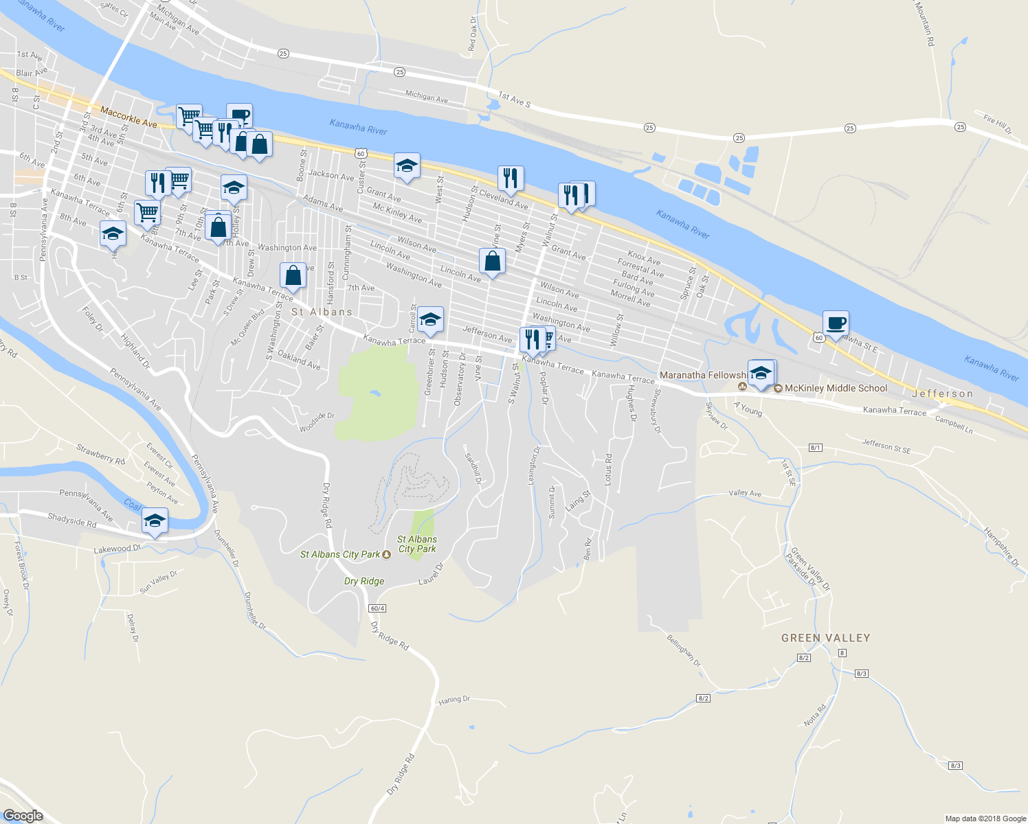 map of restaurants, bars, coffee shops, grocery stores, and more near 864 South Walnut Street in Saint Albans
