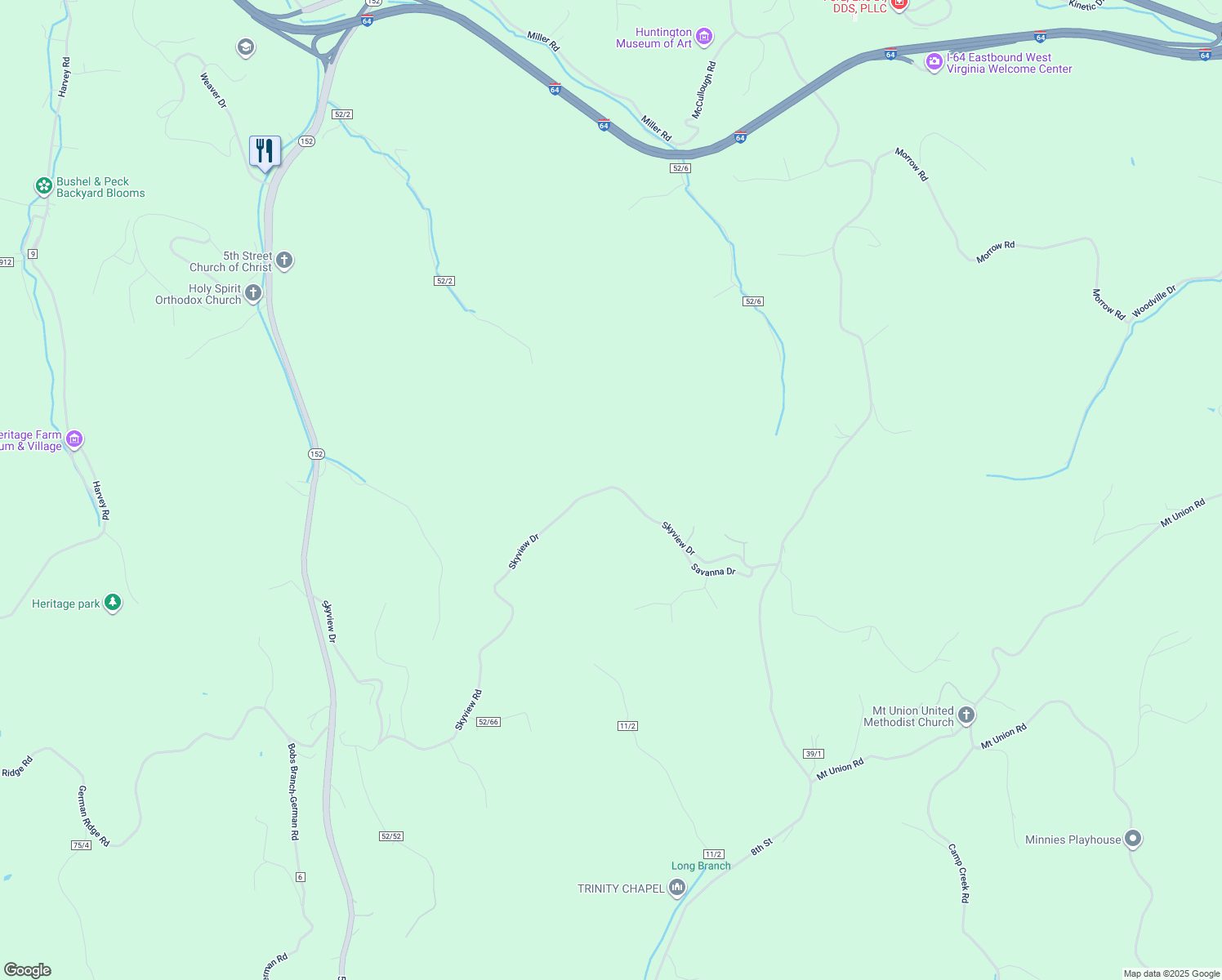 map of restaurants, bars, coffee shops, grocery stores, and more near 3633 Skyview Drive in Huntington