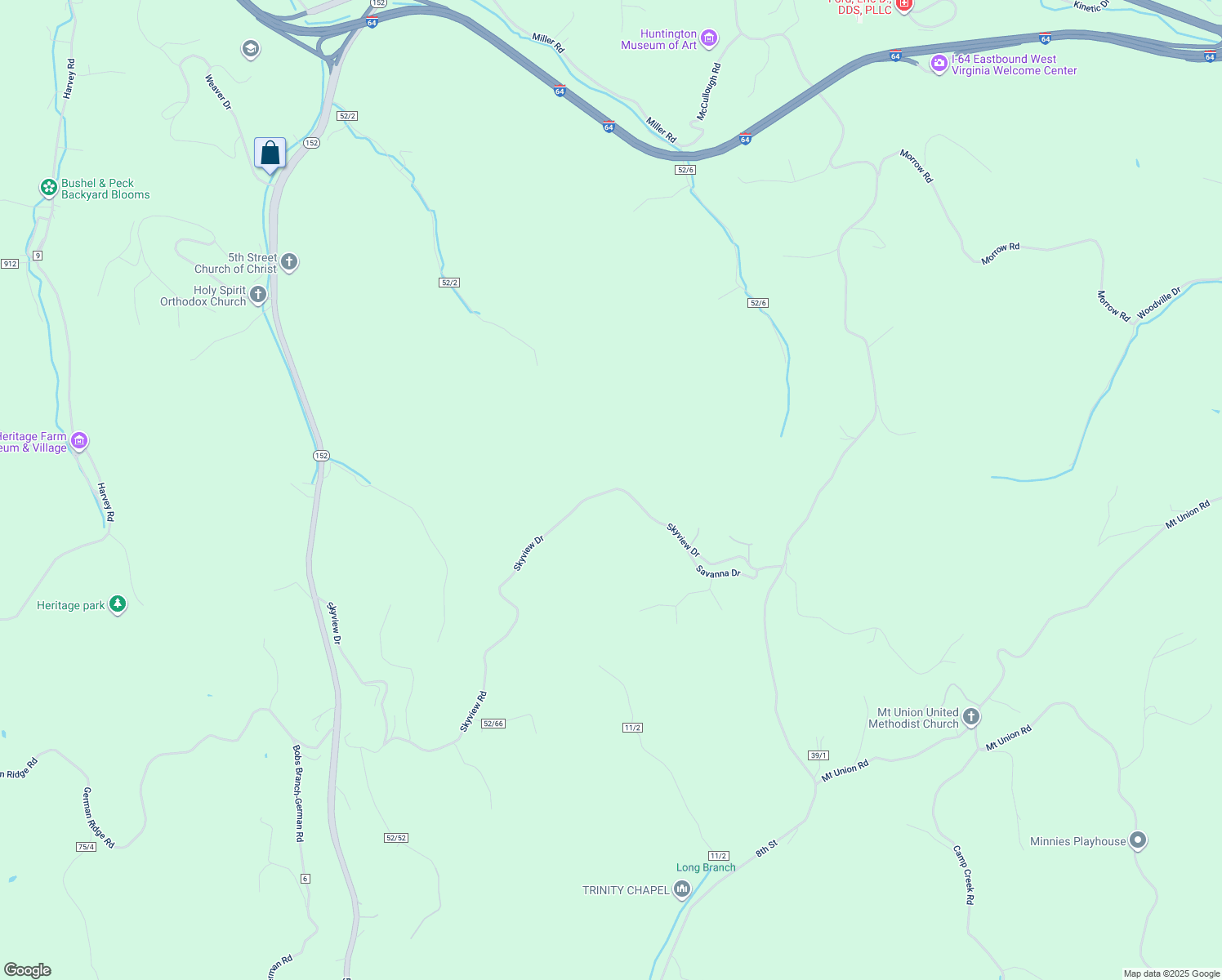 map of restaurants, bars, coffee shops, grocery stores, and more near 3633 Skyview Drive in Huntington