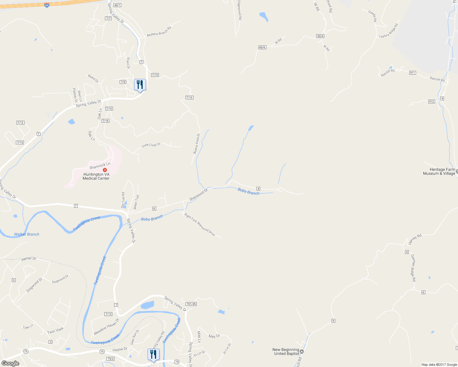 map of restaurants, bars, coffee shops, grocery stores, and more near 470 Left Fork Bobs Branch in Huntington