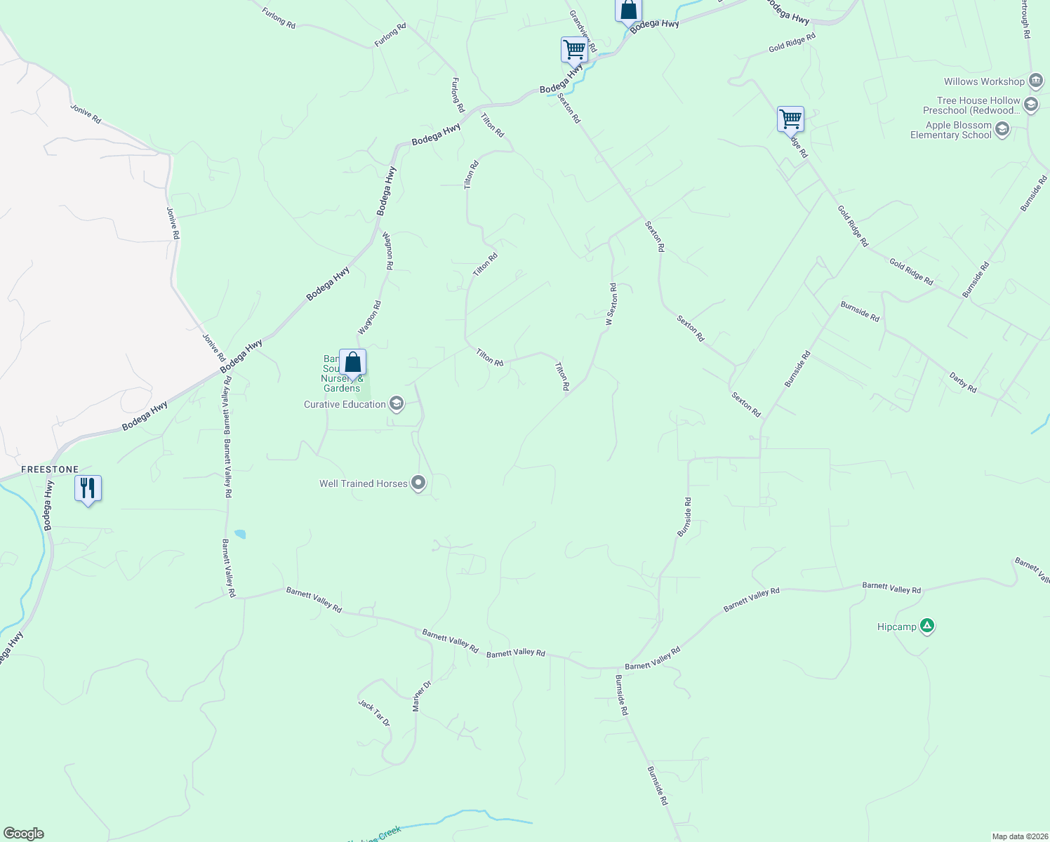 map of restaurants, bars, coffee shops, grocery stores, and more near 1420 West Sexton Road in Sebastopol