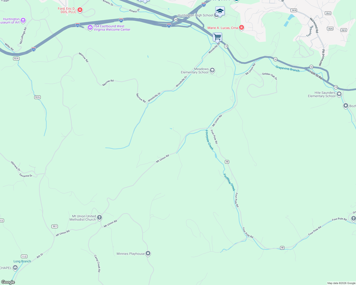 map of restaurants, bars, coffee shops, grocery stores, and more near 3949-4193 Mt Union Rd in Huntington