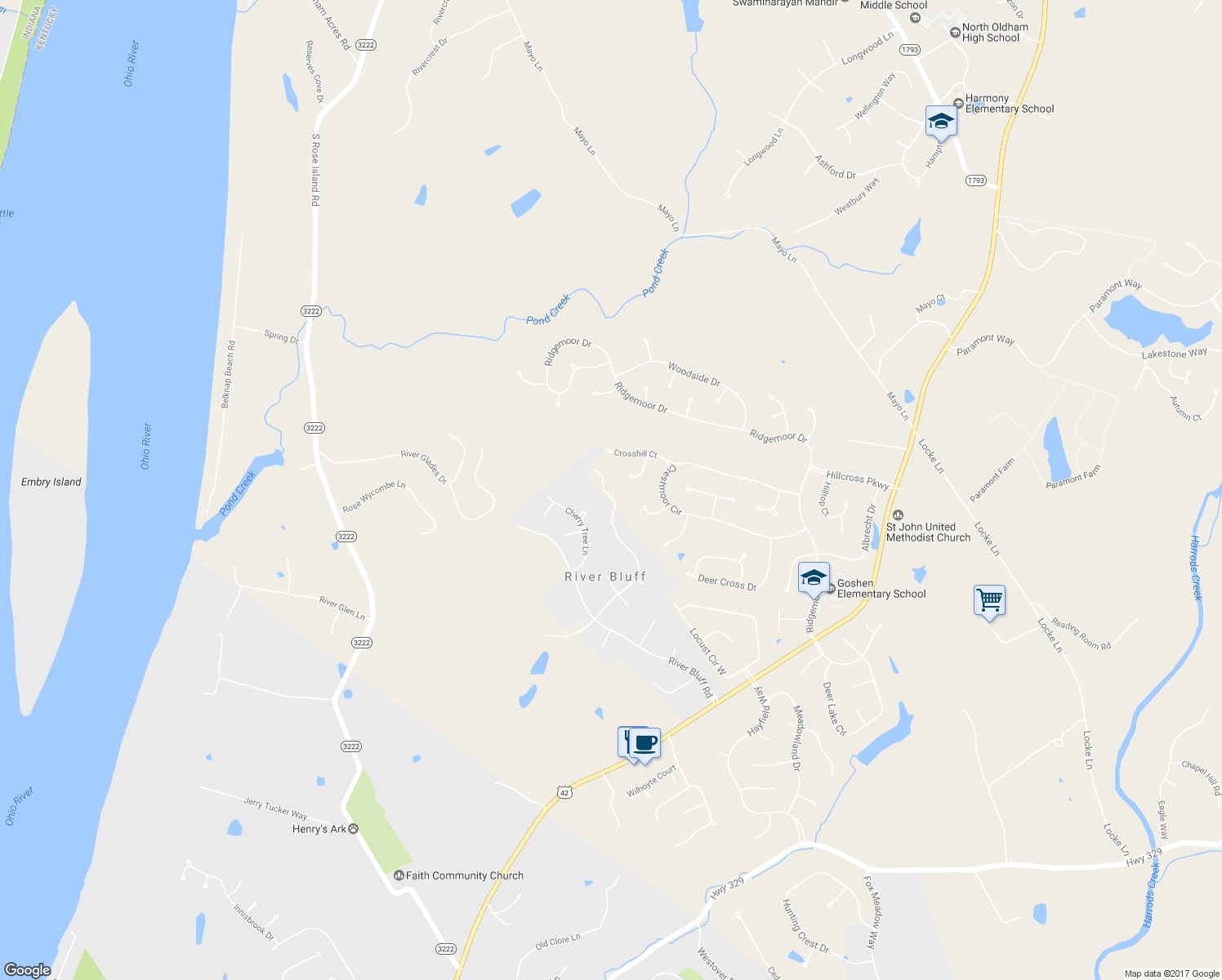 map of restaurants, bars, coffee shops, grocery stores, and more near 13206 Creekview Road in Prospect