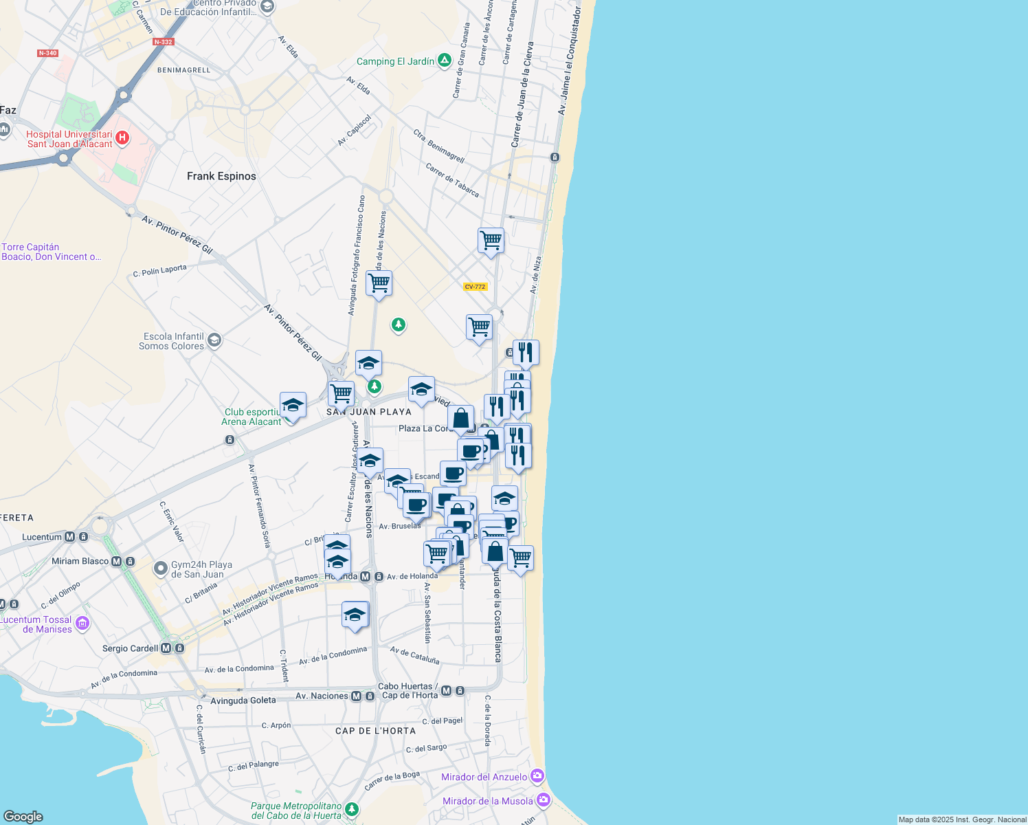 map of restaurants, bars, coffee shops, grocery stores, and more near 26 Avenida de Niza in Alicante (Alacant)