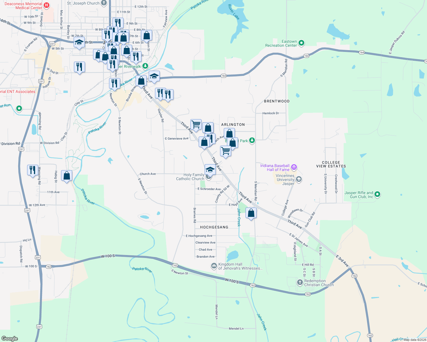 map of restaurants, bars, coffee shops, grocery stores, and more near 880 Holy Family Dr in Jasper