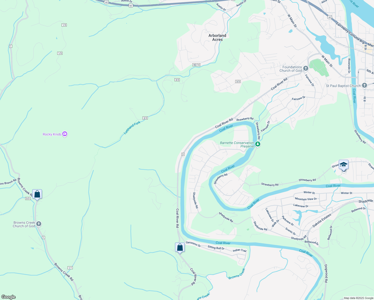 map of restaurants, bars, coffee shops, grocery stores, and more near 2593 Coal River Rd in St Albans