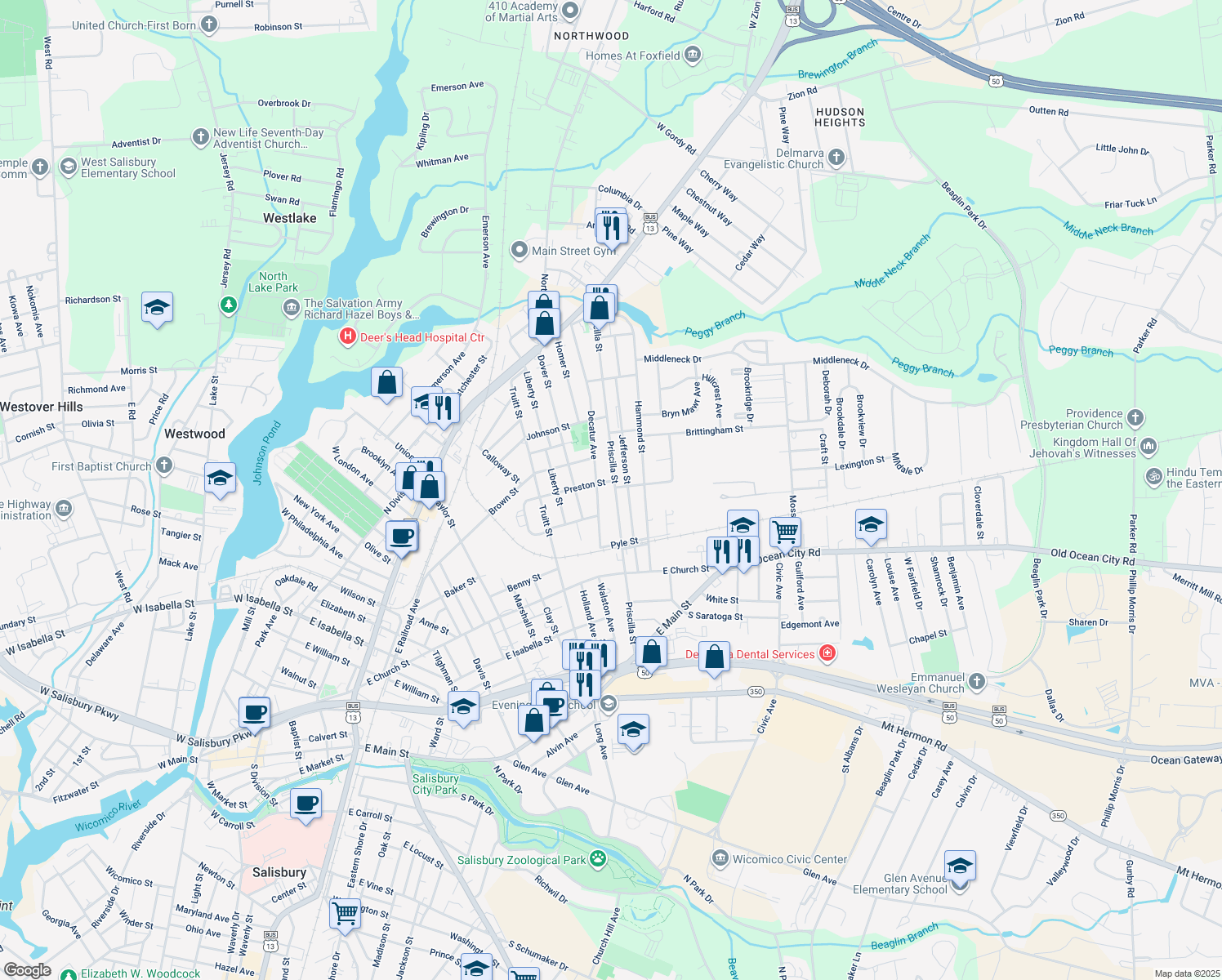 map of restaurants, bars, coffee shops, grocery stores, and more near 430 Priscilla Street in Salisbury