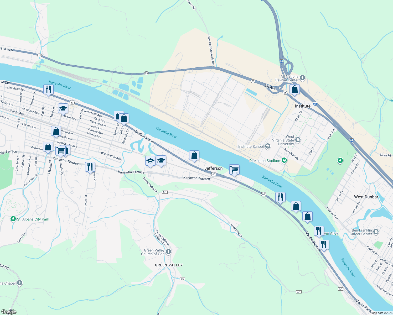map of restaurants, bars, coffee shops, grocery stores, and more near 102 Faulkner St in St Albans