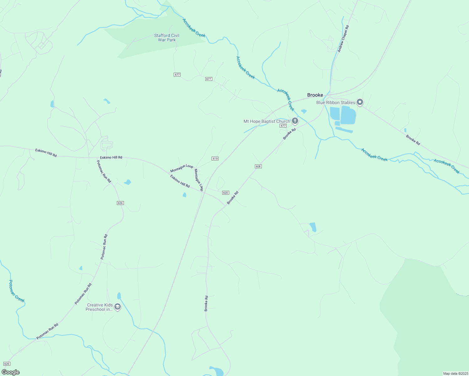 map of restaurants, bars, coffee shops, grocery stores, and more near 1477 Brooke Road in Stafford