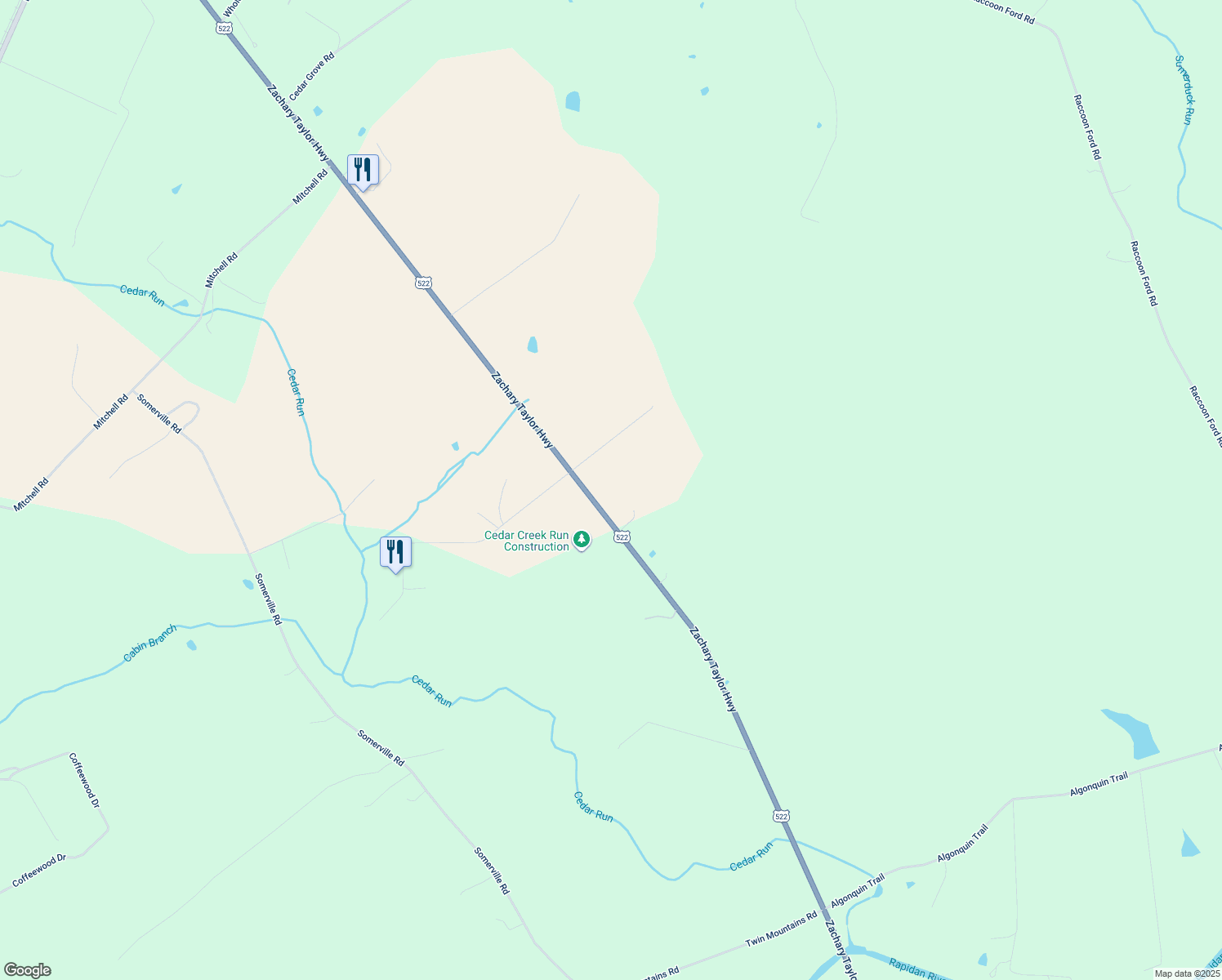 map of restaurants, bars, coffee shops, grocery stores, and more near 23155 Zachary Taylor Highway in Culpeper