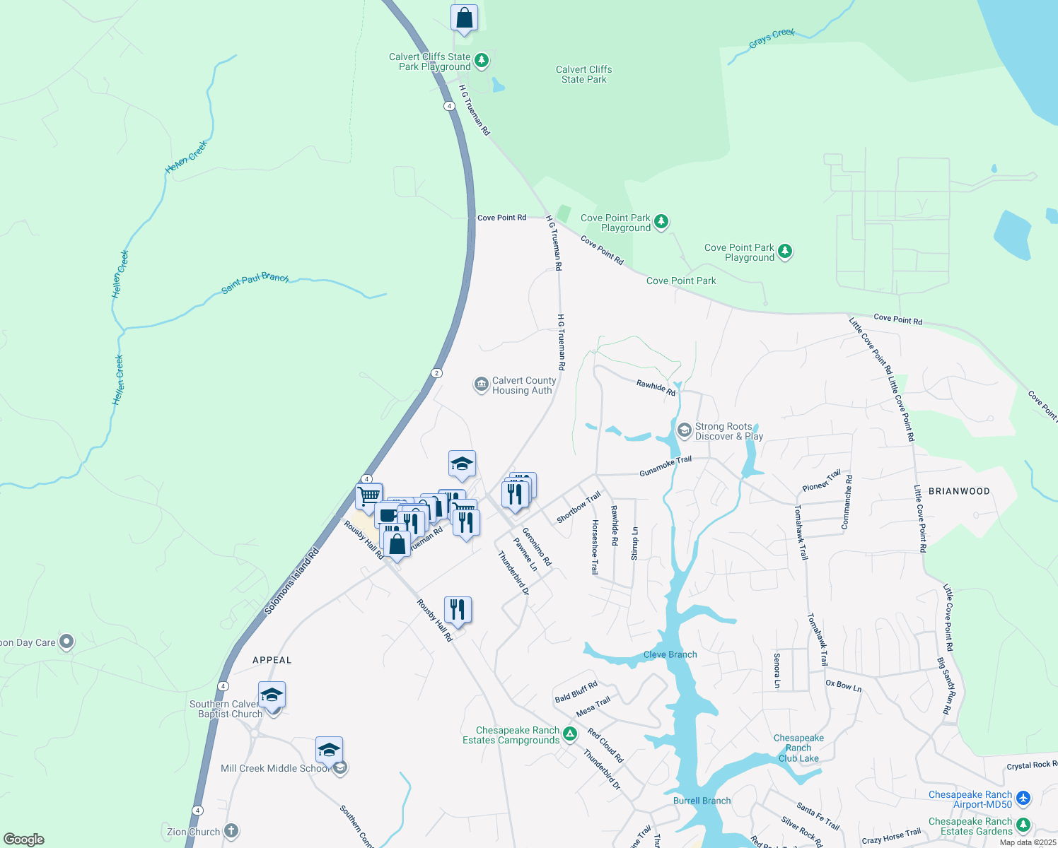 map of restaurants, bars, coffee shops, grocery stores, and more near 11489 H G Trueman Road in Lusby