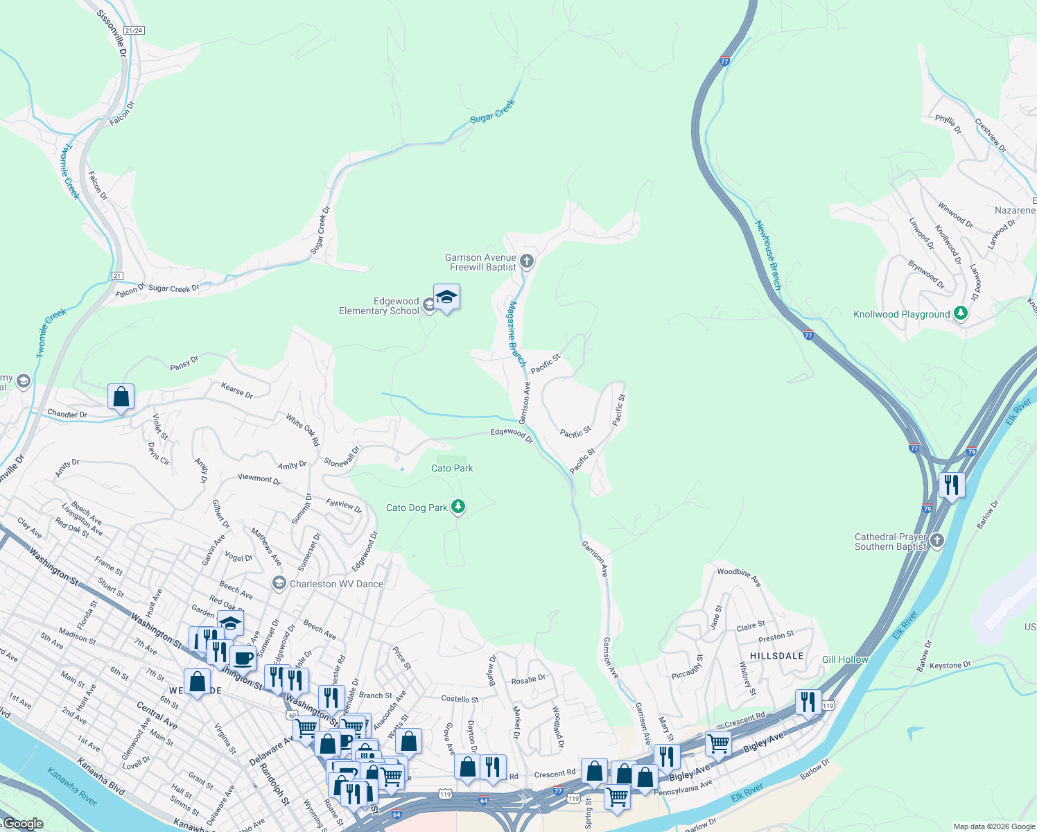 map of restaurants, bars, coffee shops, grocery stores, and more near 521 Garrison Ave in Charleston