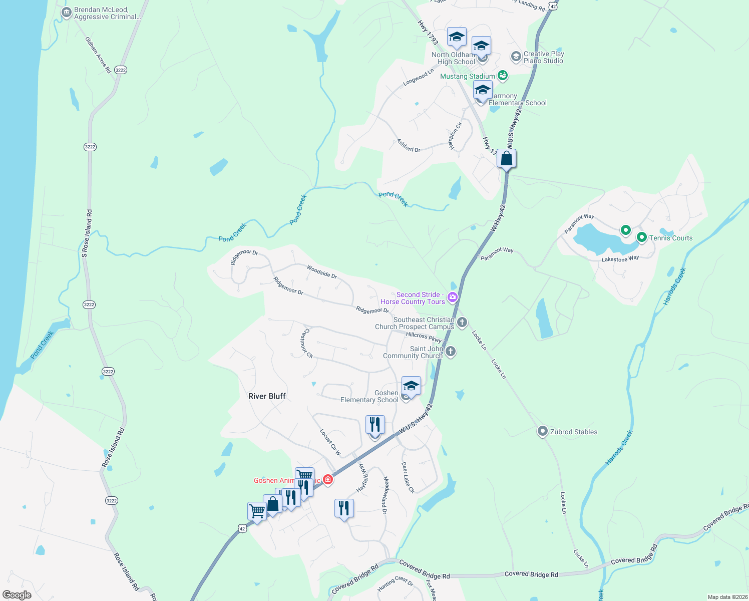 map of restaurants, bars, coffee shops, grocery stores, and more near 12700 Doe Ridge Place in Prospect