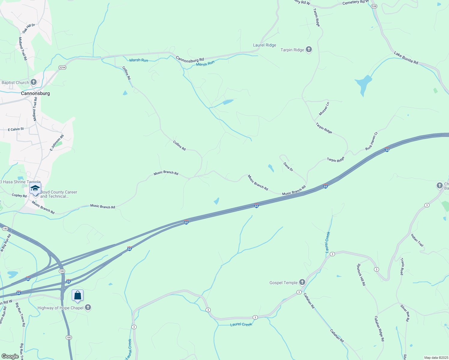 map of restaurants, bars, coffee shops, grocery stores, and more near 5633-6099 Music Branch Road in Catlettsburg
