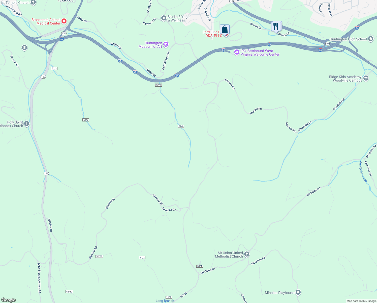 map of restaurants, bars, coffee shops, grocery stores, and more near 2459 Miller Road in Huntington