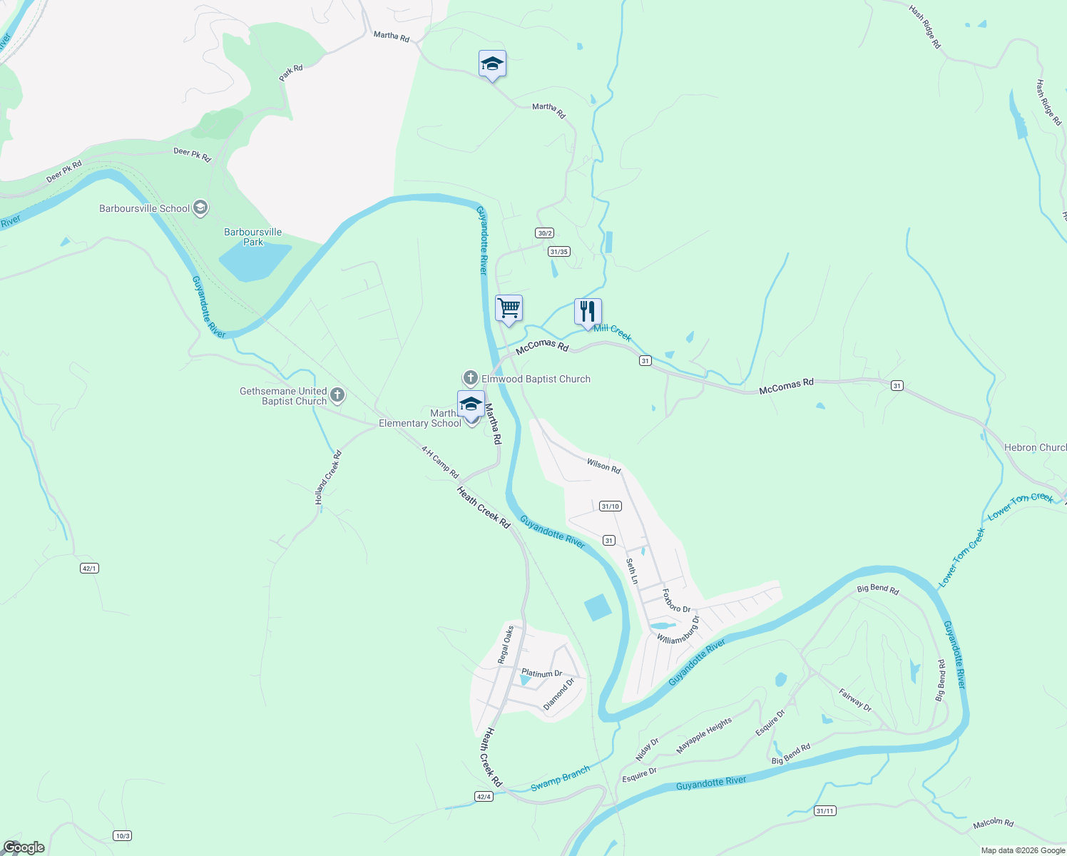 map of restaurants, bars, coffee shops, grocery stores, and more near 3006 Wilson Rd in Barboursville