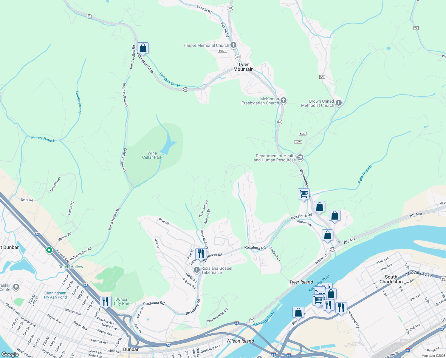 map of restaurants, bars, coffee shops, grocery stores, and more near 1484 Upper Midway Drive in Dunbar