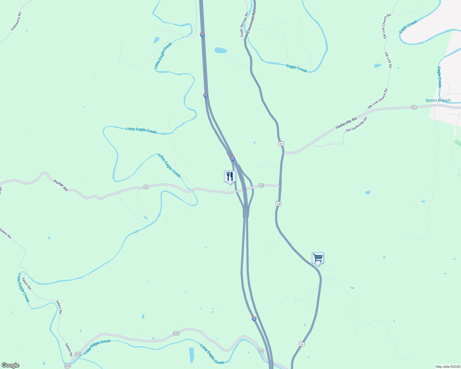 map of restaurants, bars, coffee shops, grocery stores, and more near 313 Porter Road in Sadieville