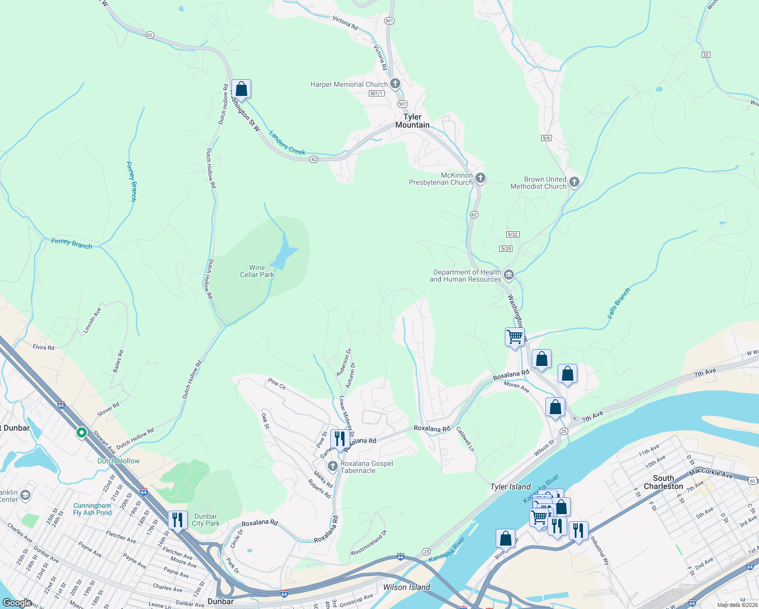 map of restaurants, bars, coffee shops, grocery stores, and more near 1484 Upper Midway Drive in Dunbar