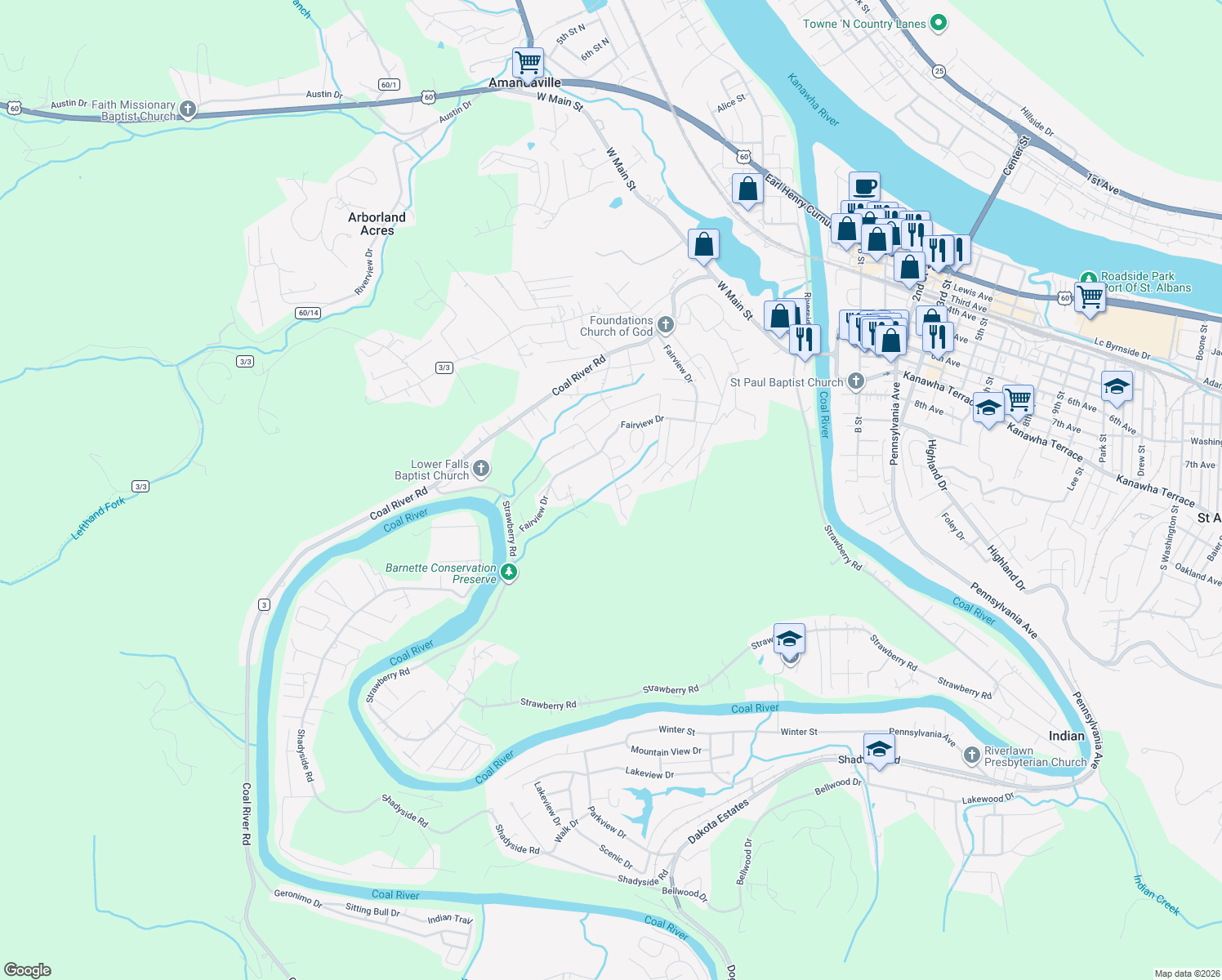 map of restaurants, bars, coffee shops, grocery stores, and more near 11 Barnett Drive in Saint Albans