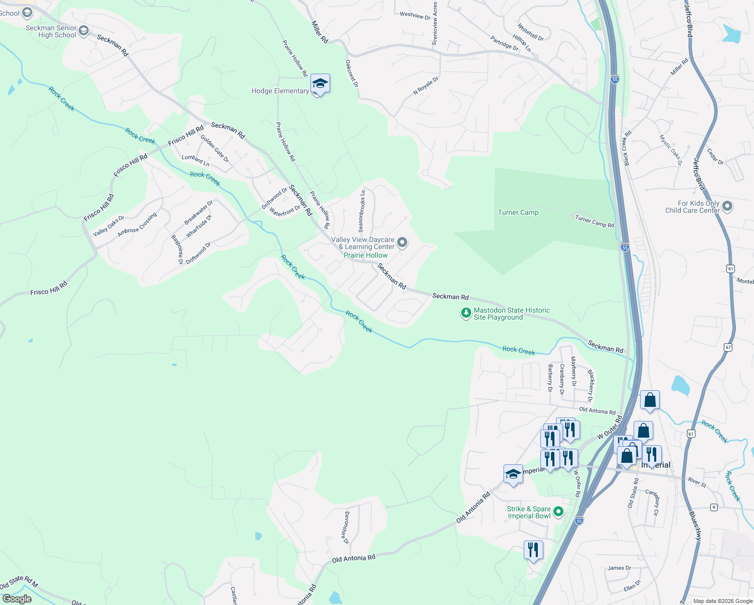 map of restaurants, bars, coffee shops, grocery stores, and more near 5233 Summerfield Drive in Imperial