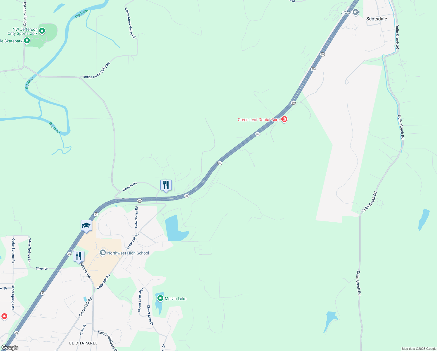 map of restaurants, bars, coffee shops, grocery stores, and more near 5424 Gravois Road in House Springs