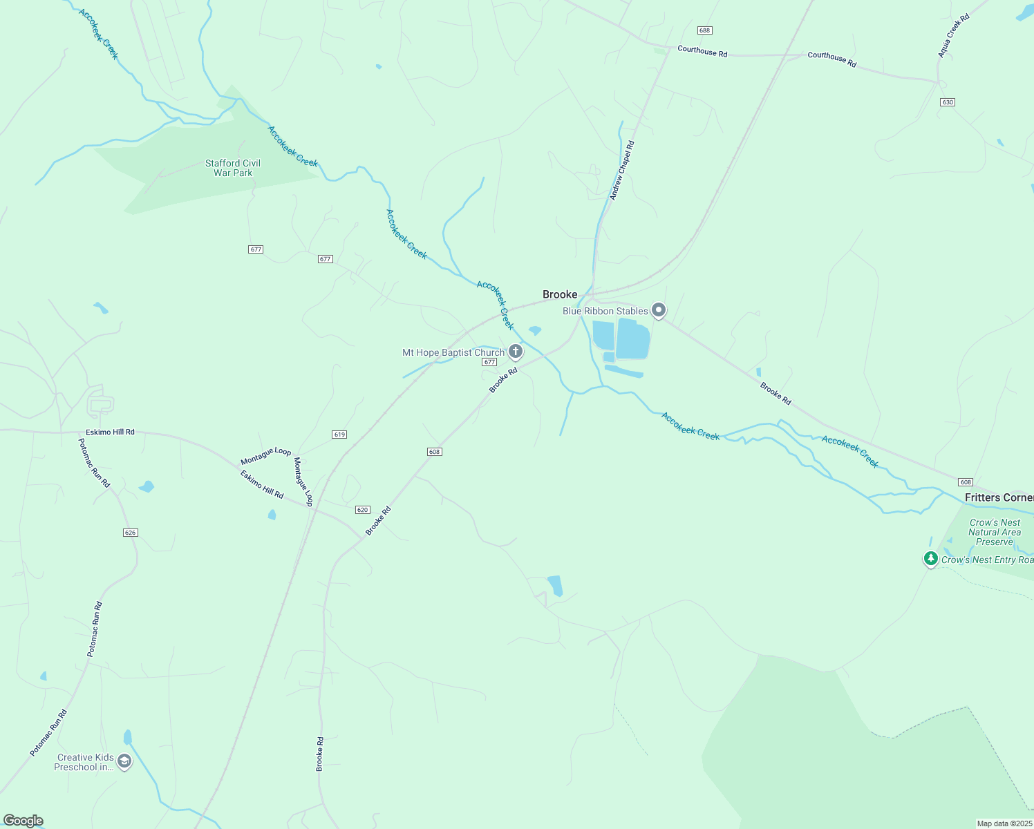 map of restaurants, bars, coffee shops, grocery stores, and more near 1650 Brooke Road in Stafford