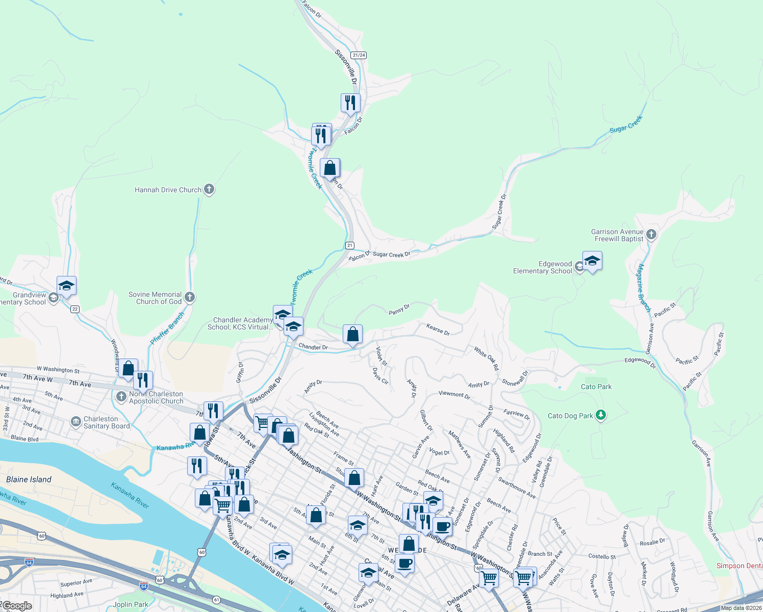 map of restaurants, bars, coffee shops, grocery stores, and more near 1716 Cosmos Drive in Charleston