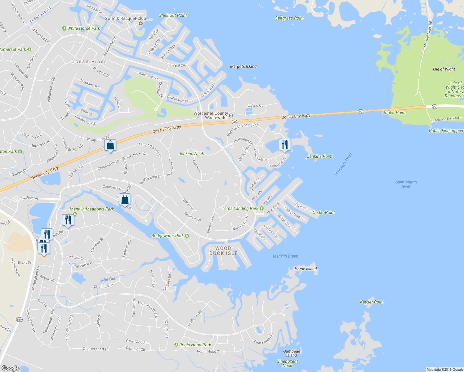 map of restaurants, bars, coffee shops, grocery stores, and more near 7 Chelsea Court in Ocean Pines