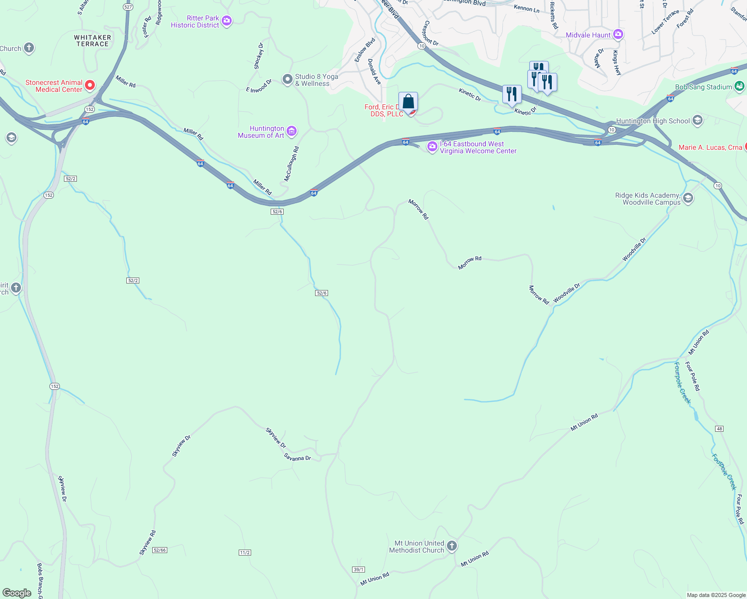 map of restaurants, bars, coffee shops, grocery stores, and more near 3348 McCoy Road in Huntington
