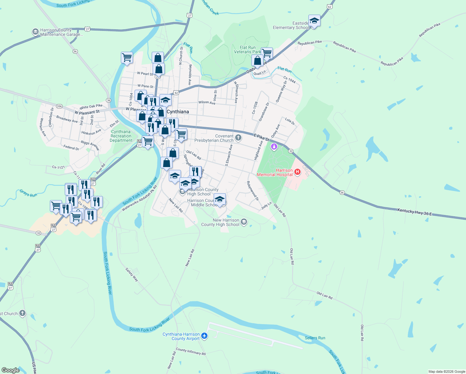 map of restaurants, bars, coffee shops, grocery stores, and more near 113 Brooks Street in Cynthiana