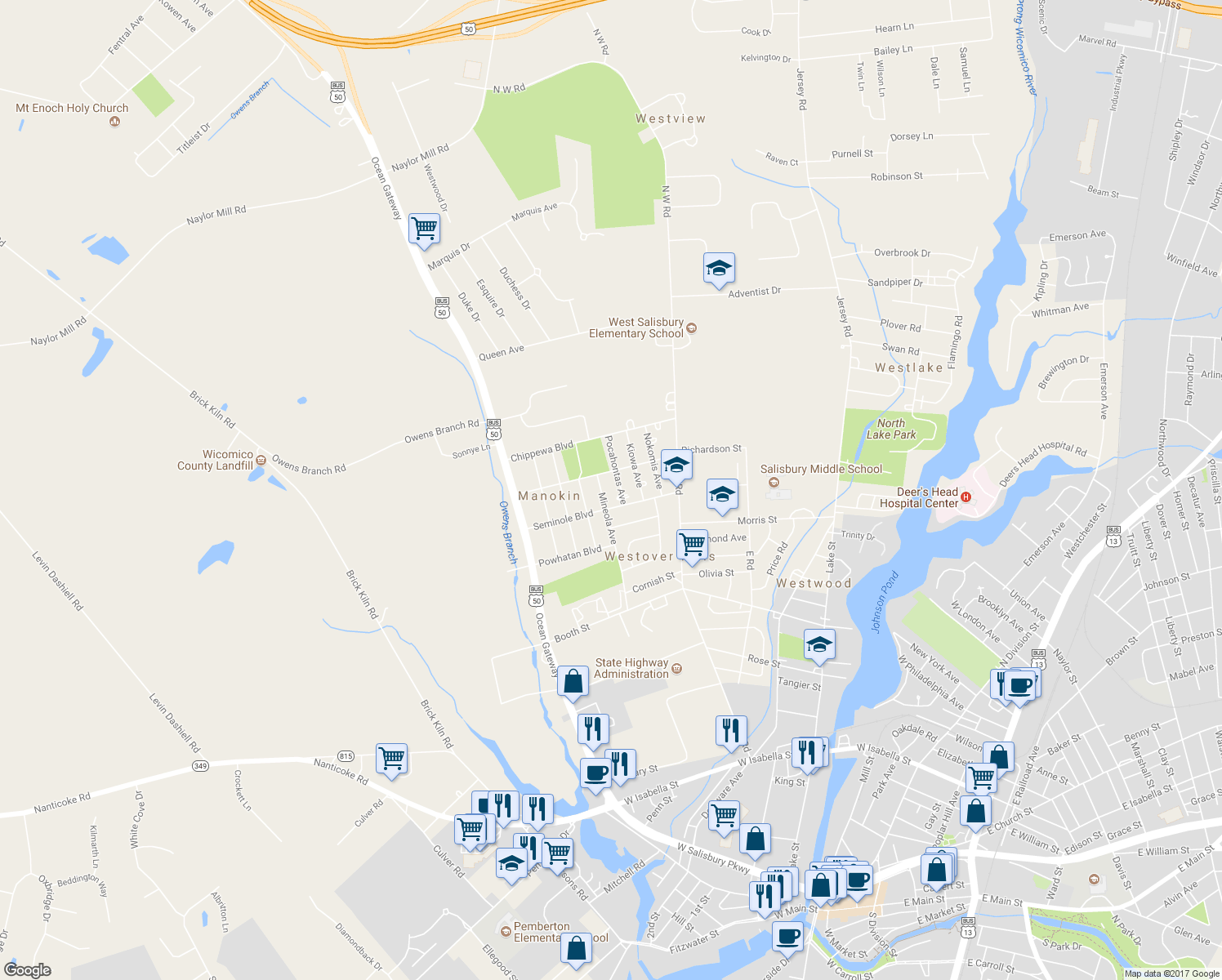 map of restaurants, bars, coffee shops, grocery stores, and more near 1107 Mineola Avenue in Salisbury