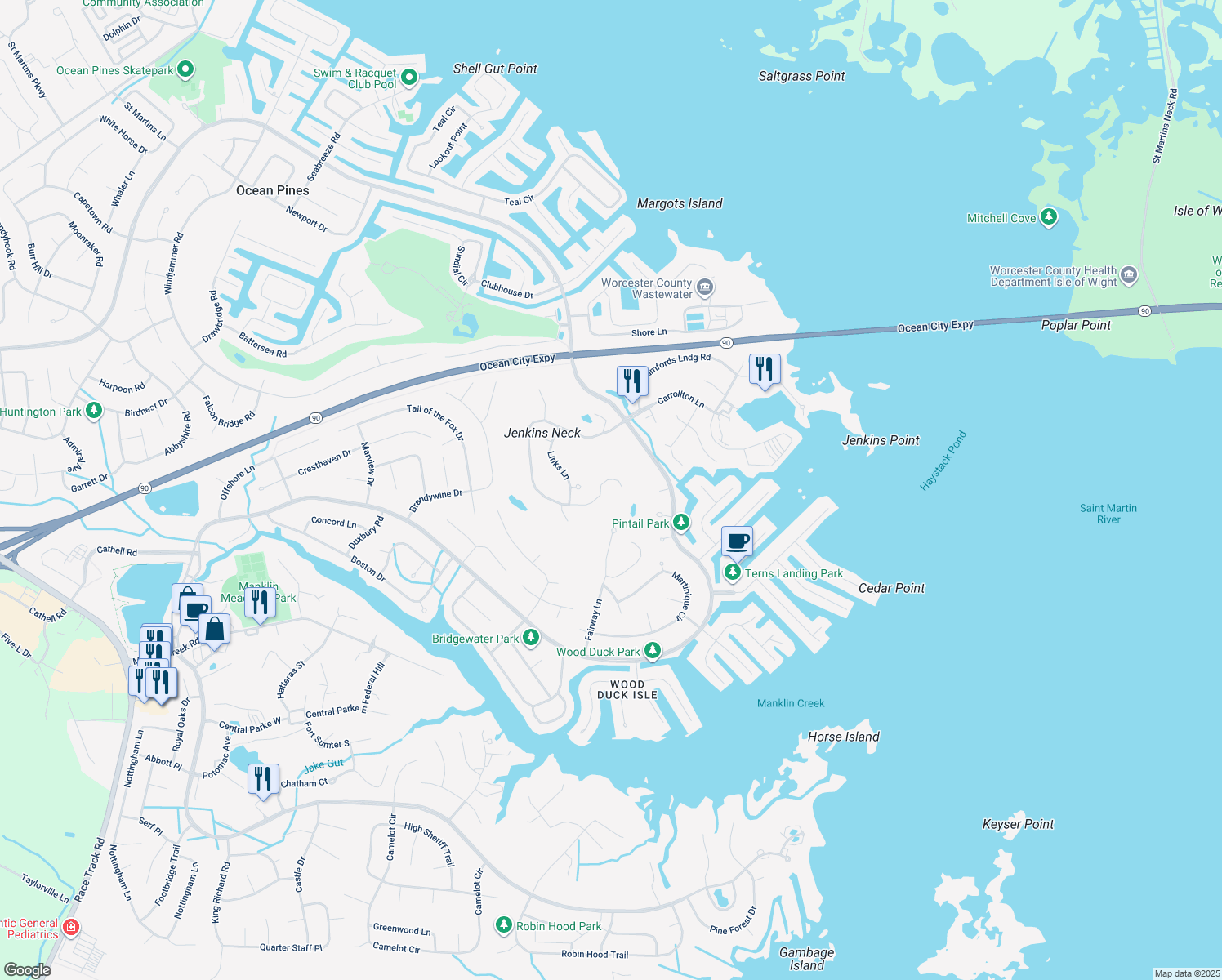 map of restaurants, bars, coffee shops, grocery stores, and more near 128 Hingham Lane in Ocean Pines