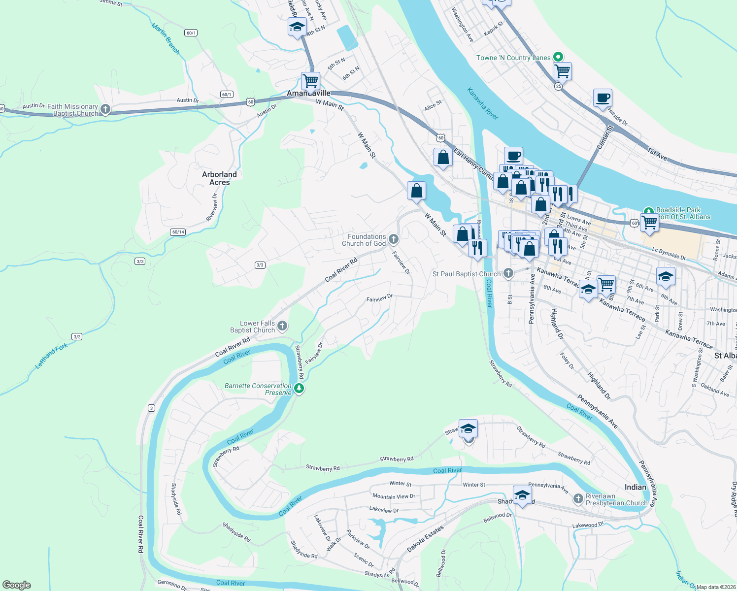 map of restaurants, bars, coffee shops, grocery stores, and more near 431 Fairview Dr in St Albans