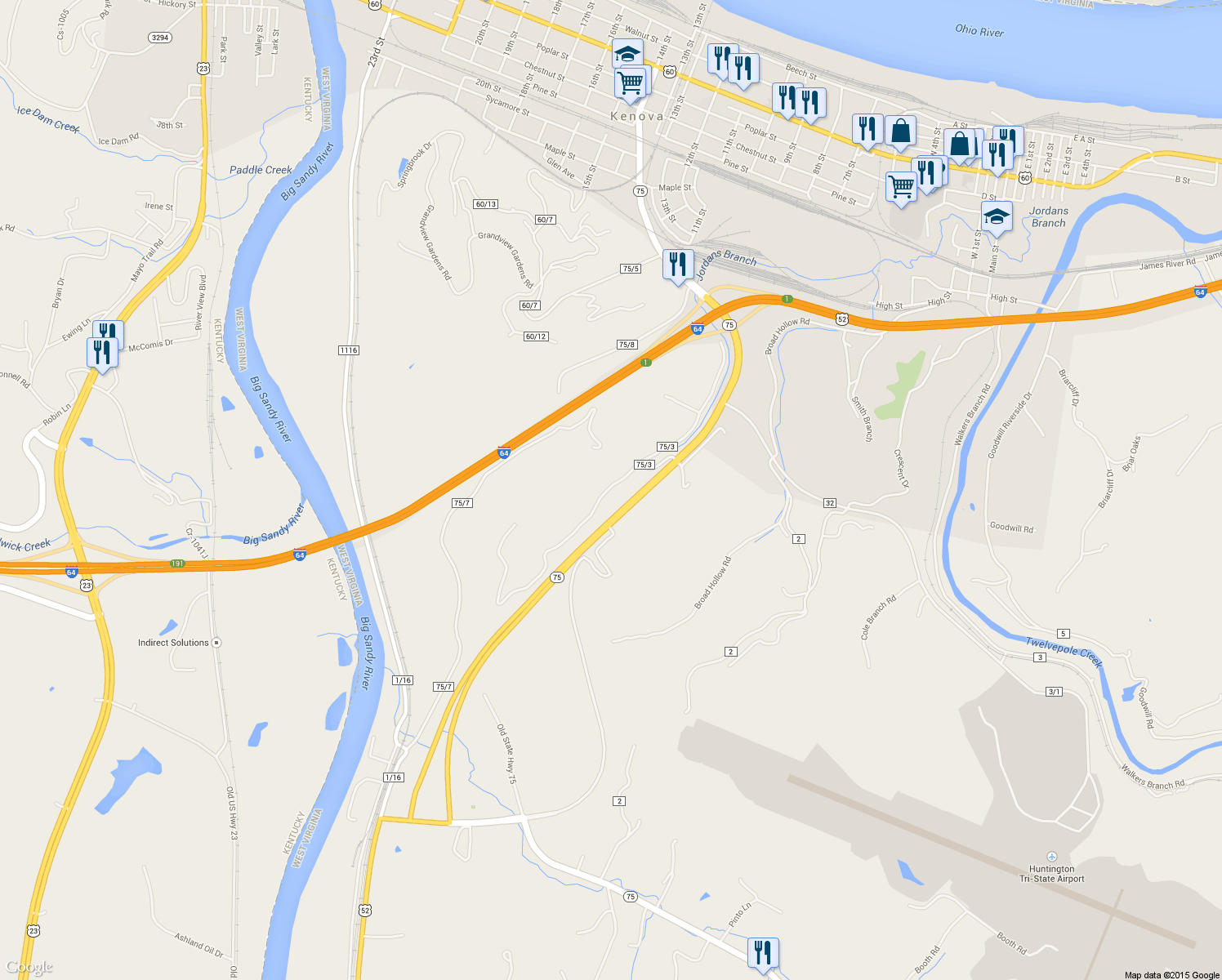 map of restaurants, bars, coffee shops, grocery stores, and more near 1352 Wayne Ave in Kenova
