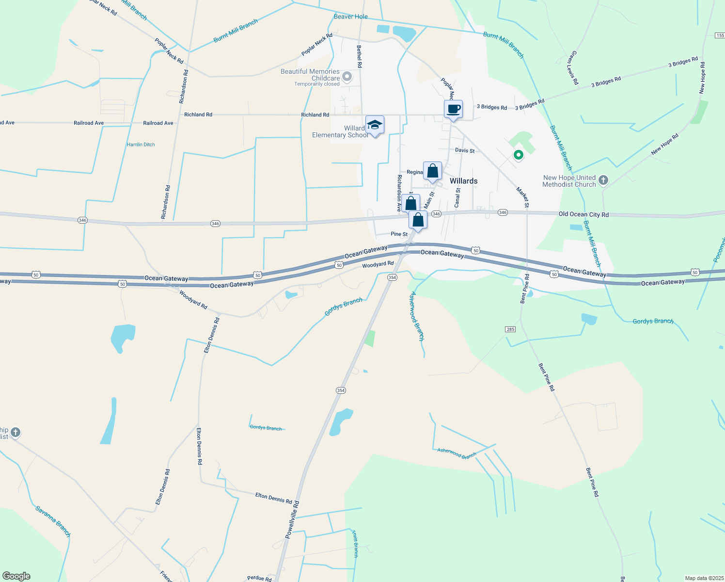 map of restaurants, bars, coffee shops, grocery stores, and more near 36155 Windmere in Willards