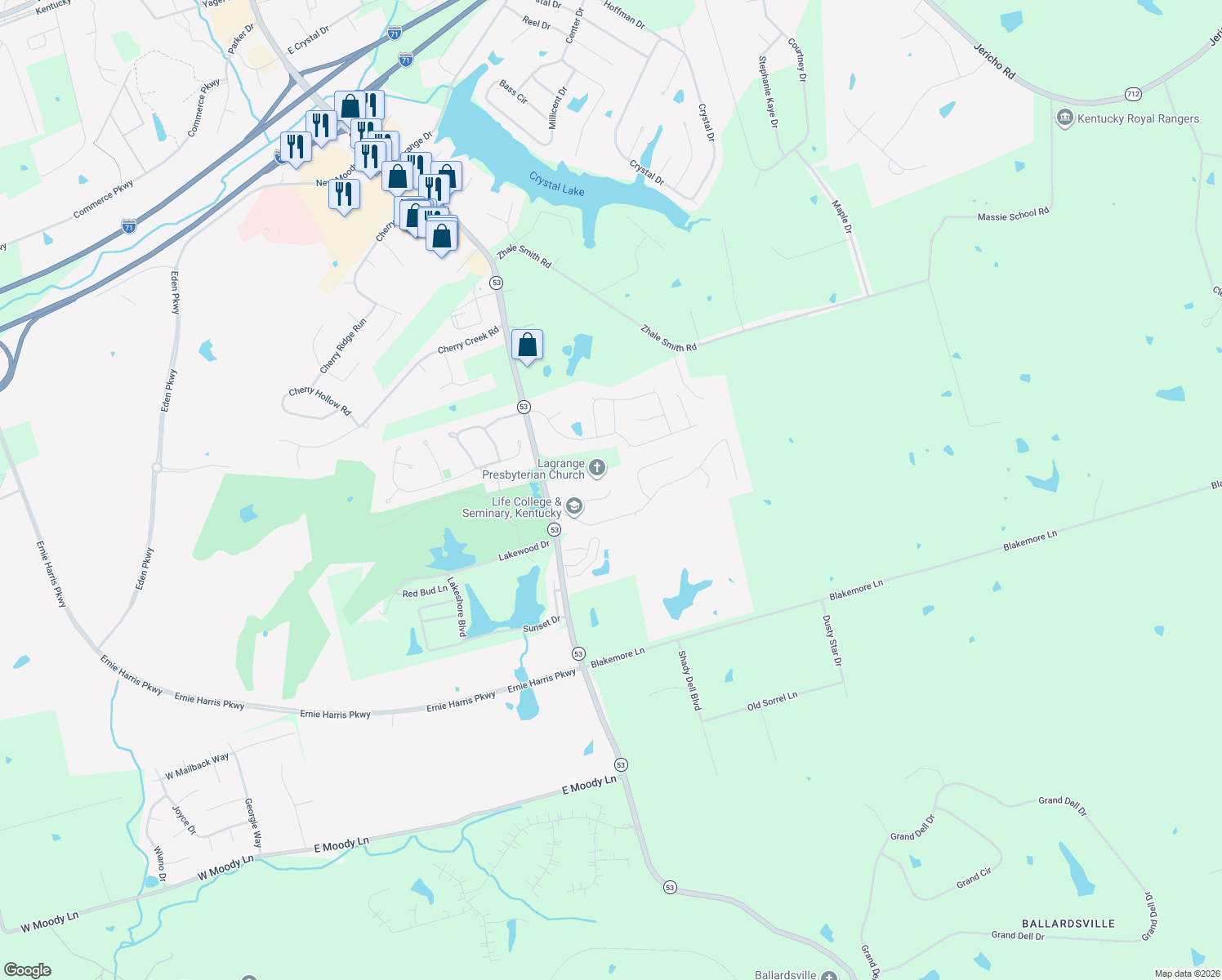 map of restaurants, bars, coffee shops, grocery stores, and more near 2099 Highland Ct in La Grange