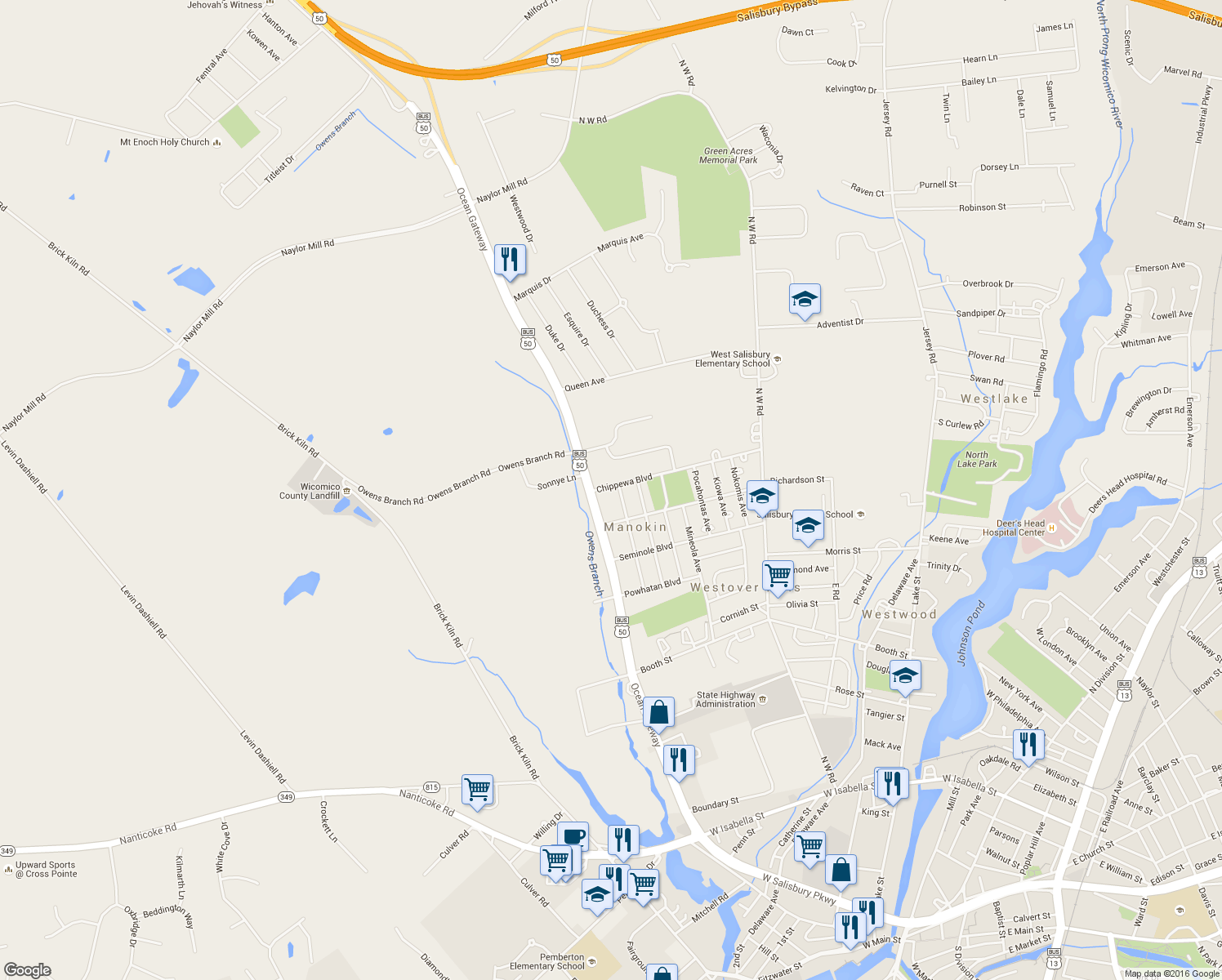 map of restaurants, bars, coffee shops, grocery stores, and more near 28650 Ocean Gateway in Salisbury