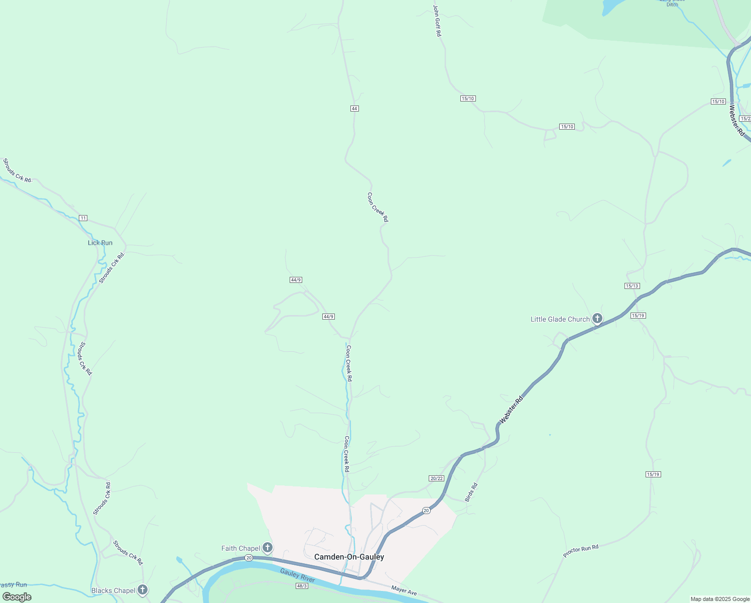 map of restaurants, bars, coffee shops, grocery stores, and more near 660 Coon Creek Road in Camden-on-Gauley