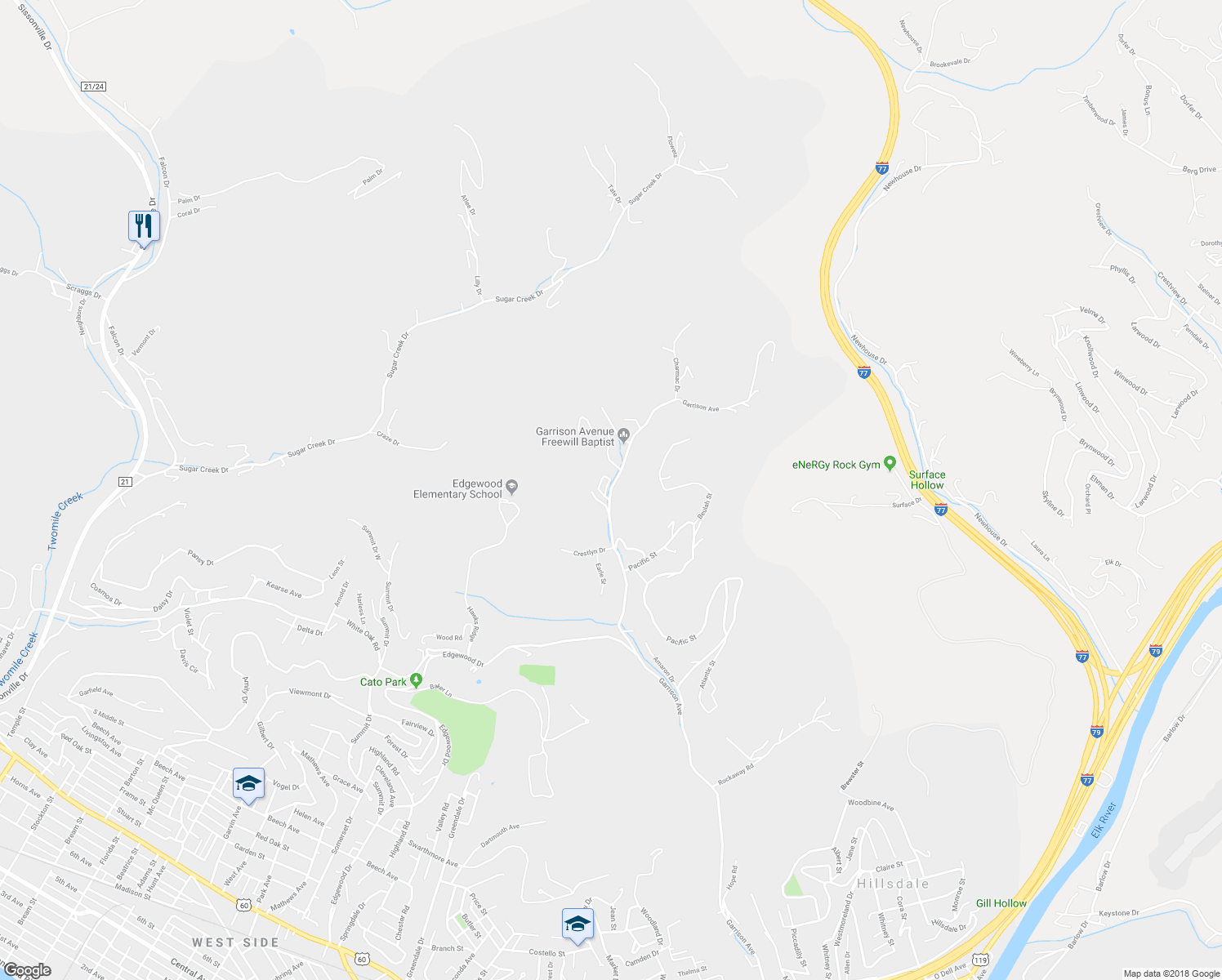 map of restaurants, bars, coffee shops, grocery stores, and more near 581 Garrison Avenue in Charleston