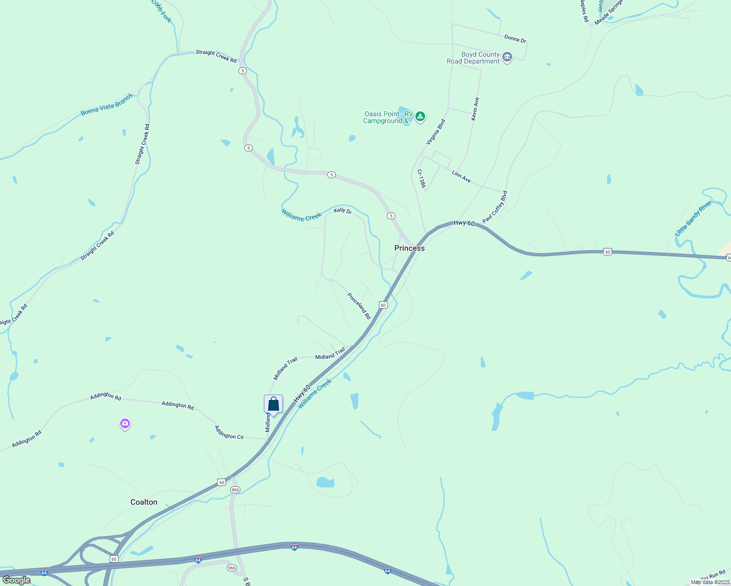 map of restaurants, bars, coffee shops, grocery stores, and more near Cr-1334C in Ashland