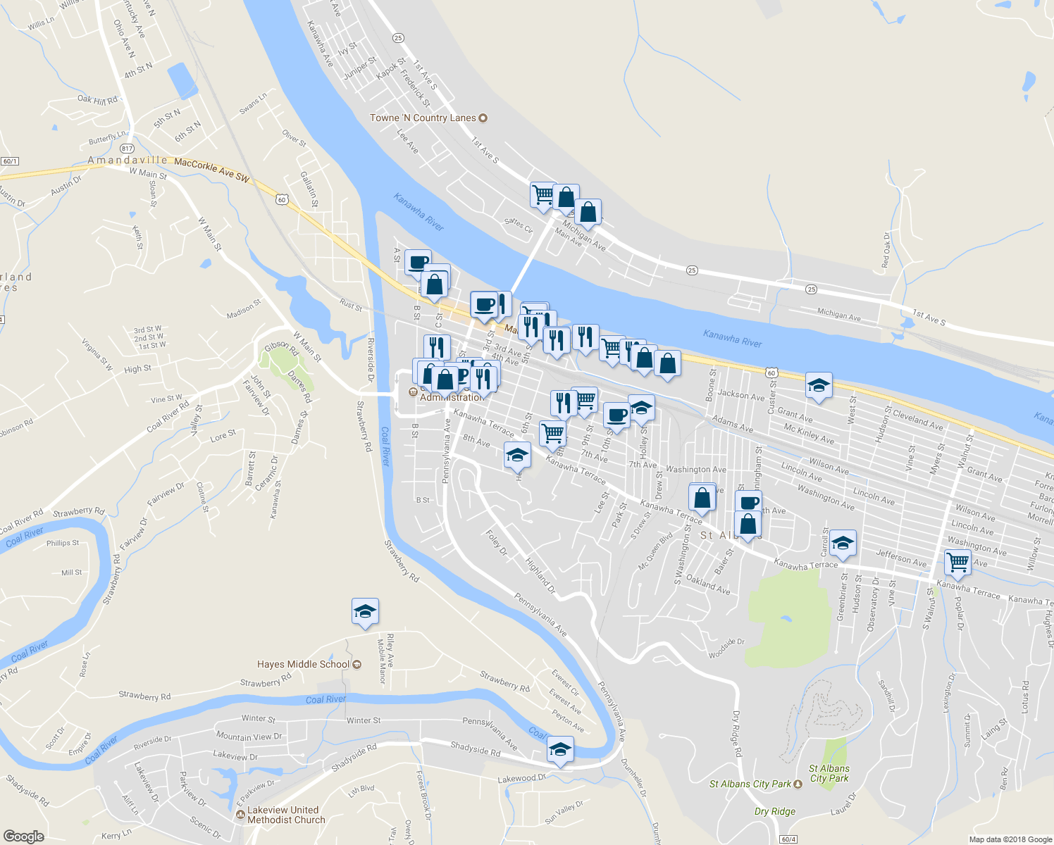 map of restaurants, bars, coffee shops, grocery stores, and more near 650 6th Street in Saint Albans