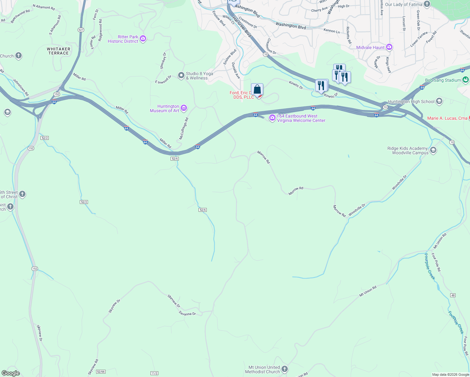 map of restaurants, bars, coffee shops, grocery stores, and more near 3258 McCoy Road in Huntington