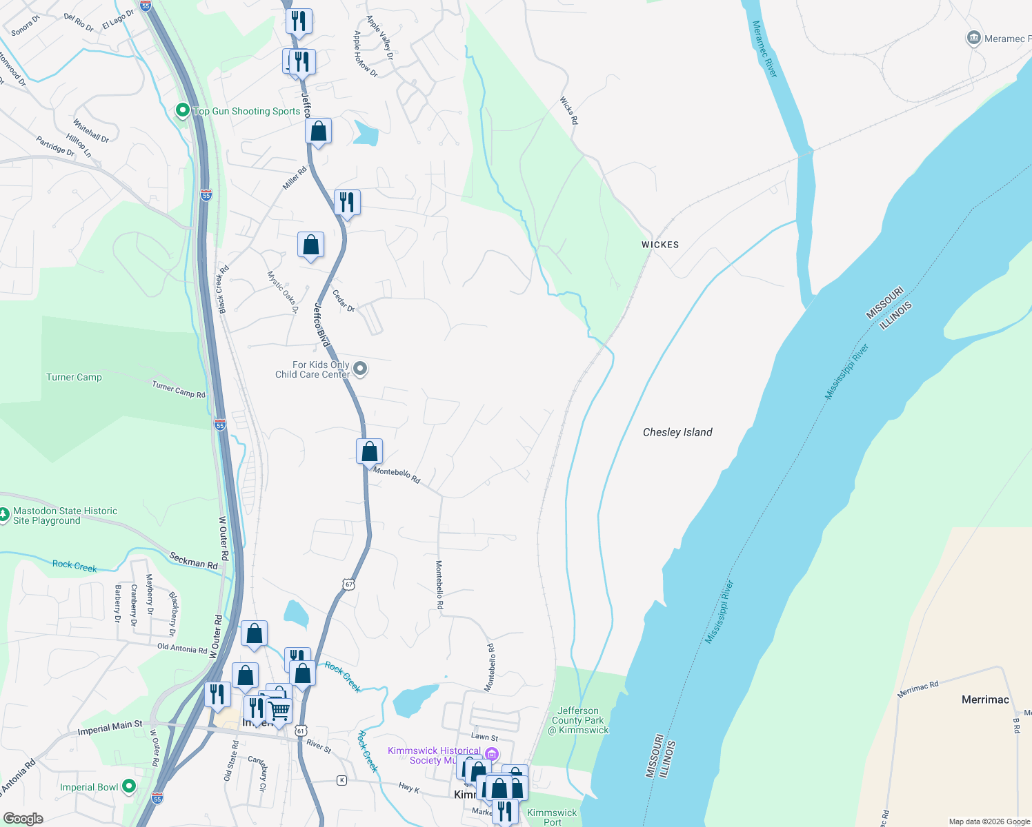 map of restaurants, bars, coffee shops, grocery stores, and more near 5500 White Oak Lane in Imperial