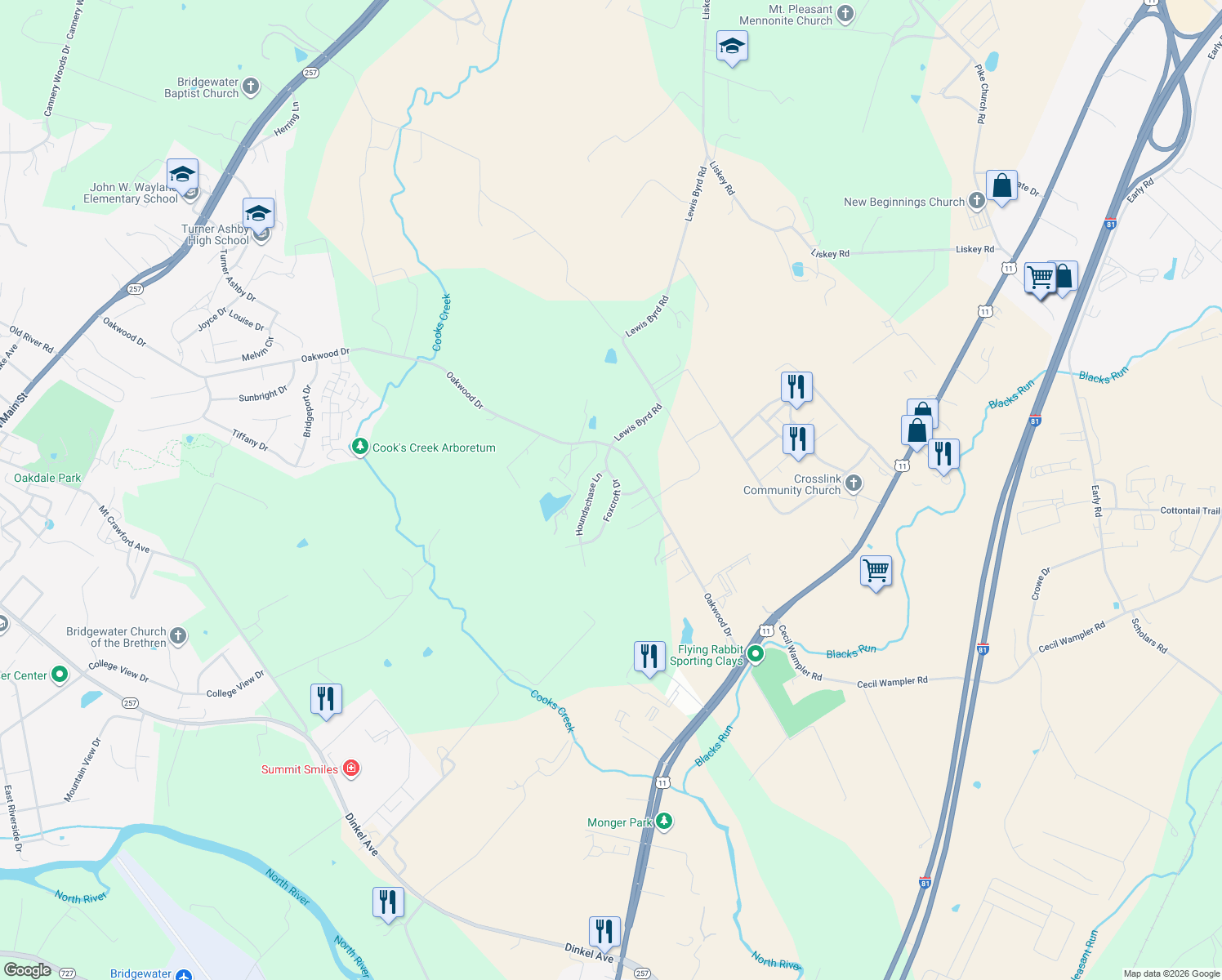 map of restaurants, bars, coffee shops, grocery stores, and more near 5791 Foxcroft Drive in Harrisonburg