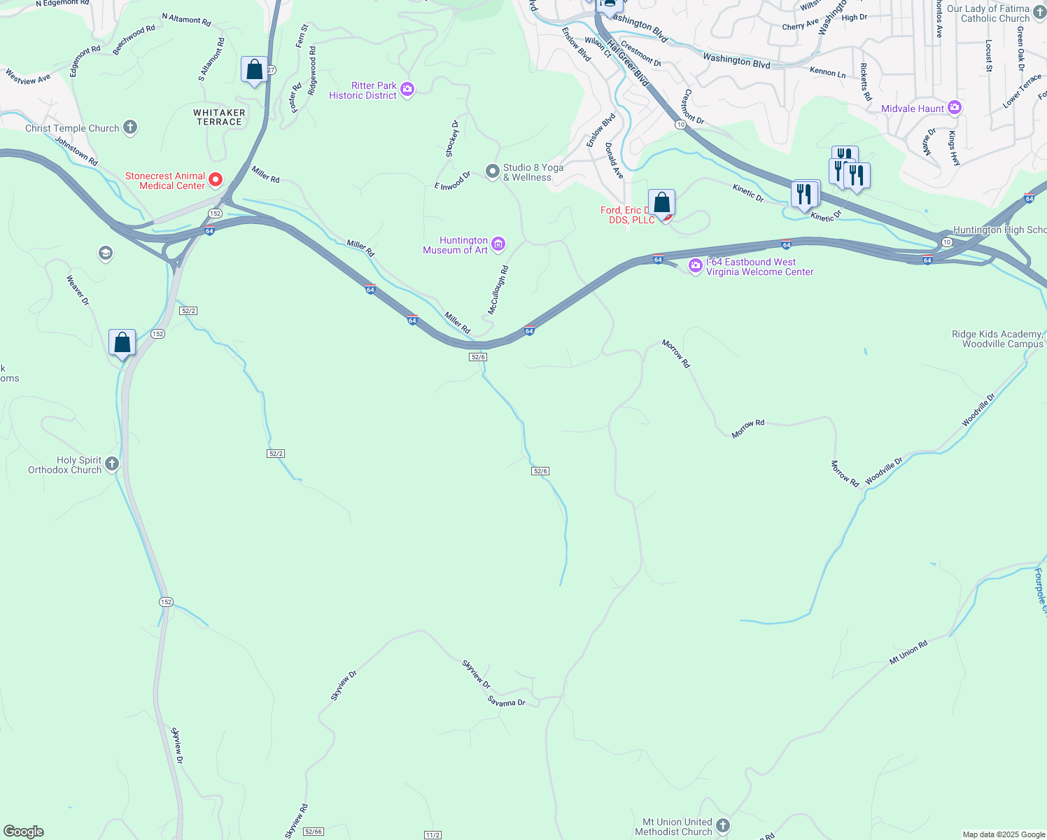 map of restaurants, bars, coffee shops, grocery stores, and more near 2296 Miller Road in Huntington